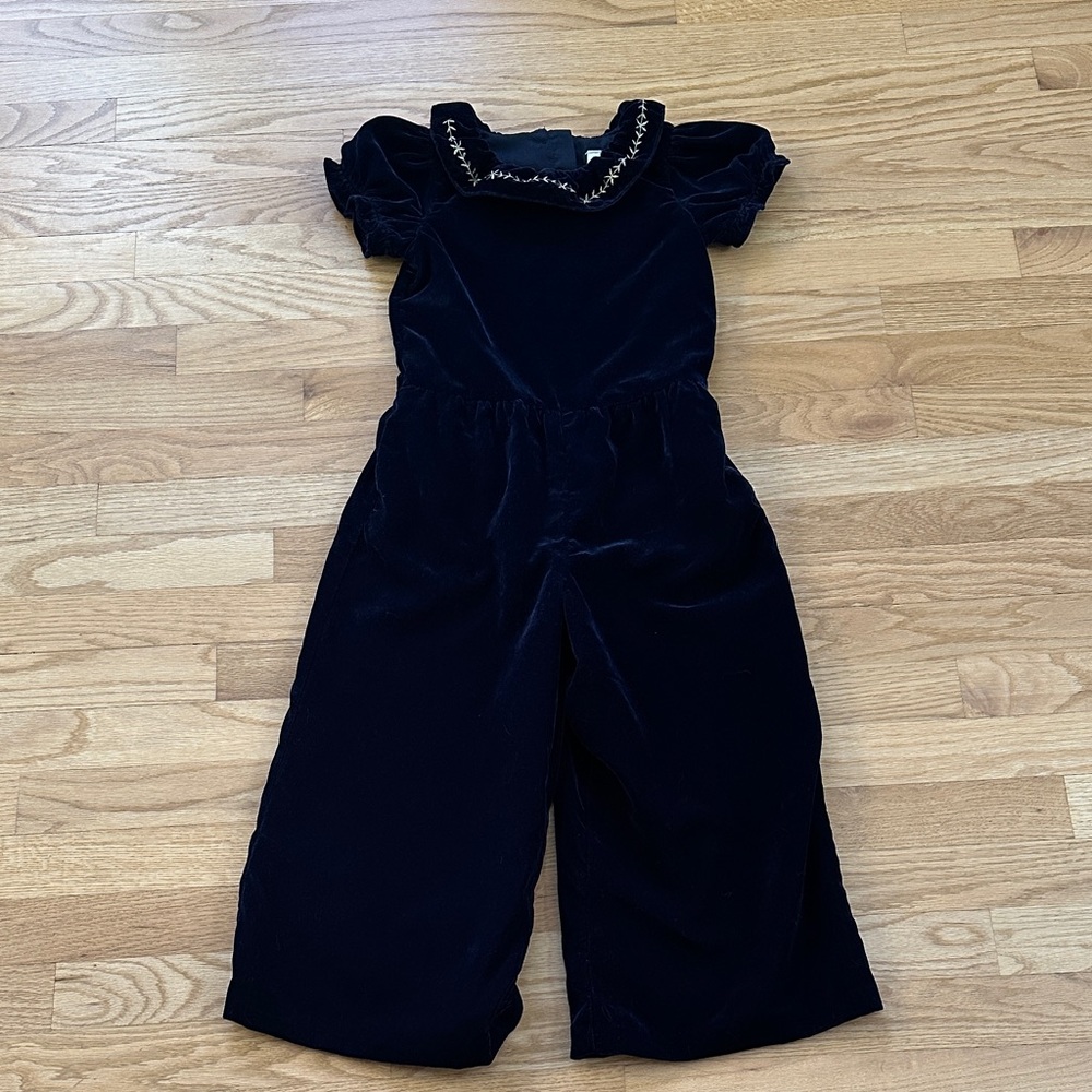 Janie and Jack Navy Blue Velvet Jumpsuit with Ruffled Collar